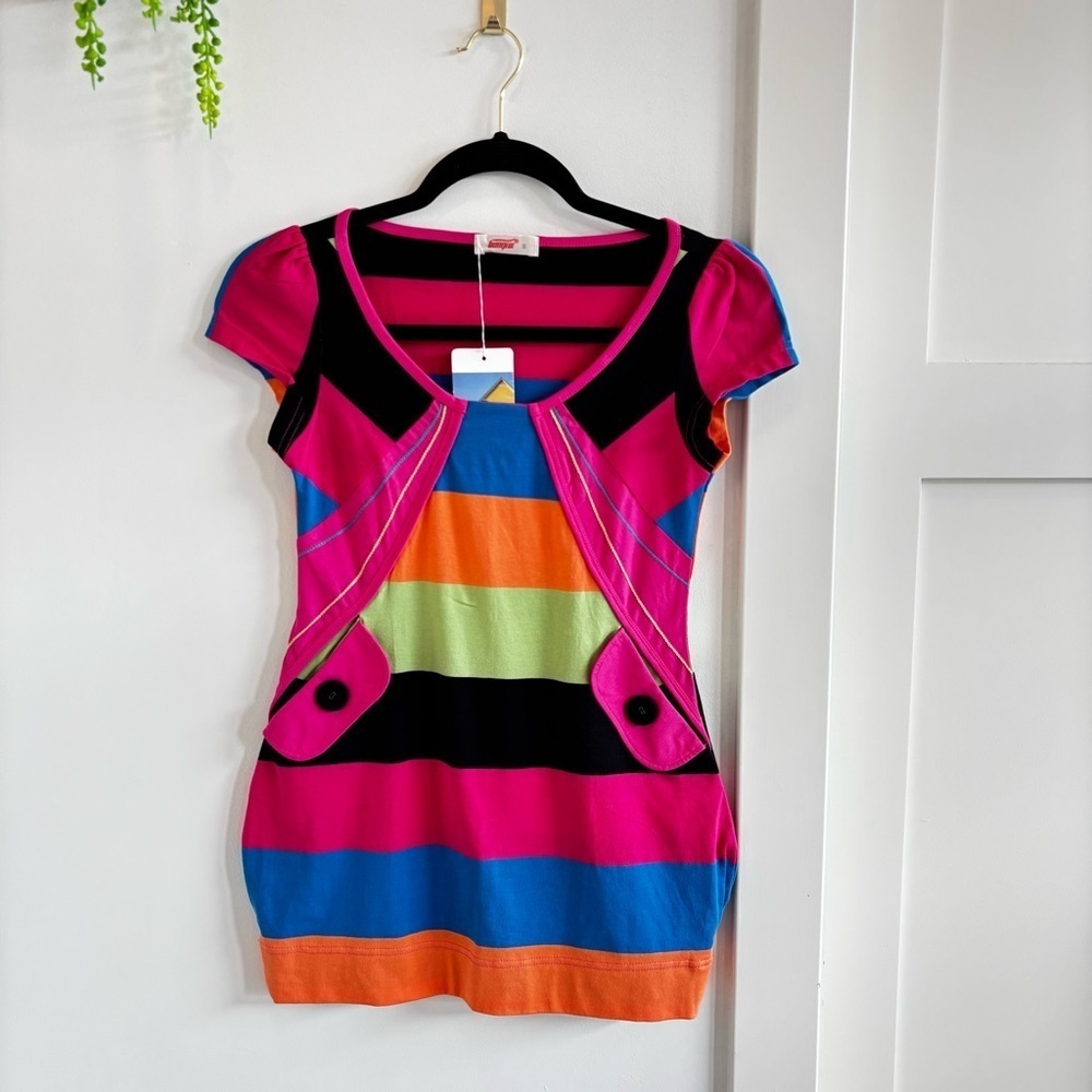 Hongcuc NWT Colorful Striped Long Women's Short Sleeve Top Button Accents Size S